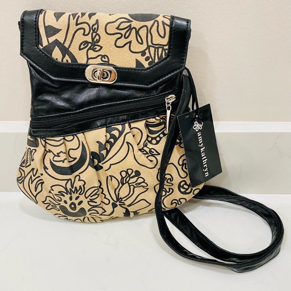 Amy Kathryn Crossbody purse , Tan and Black Floral Design.